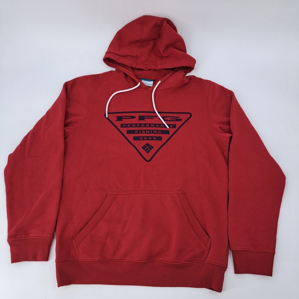 Columbia PFG Hoodie Mens Small Red Cotton Blend Graphic Logo Fishing Sweatshirt